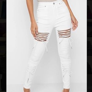Maniere De Voir Lace Up Cord Denim Skinny Jeans